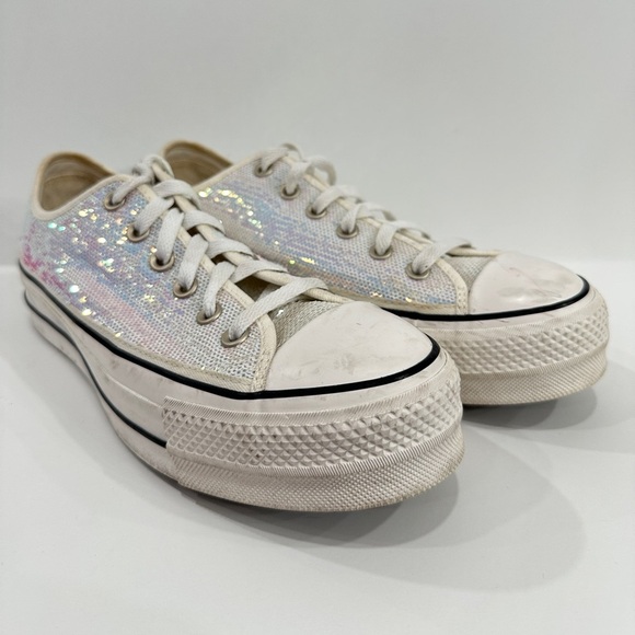 Rare Converse Chuck Taylor Lift platform silver mini sequin sneakers - Picture 3 of 10